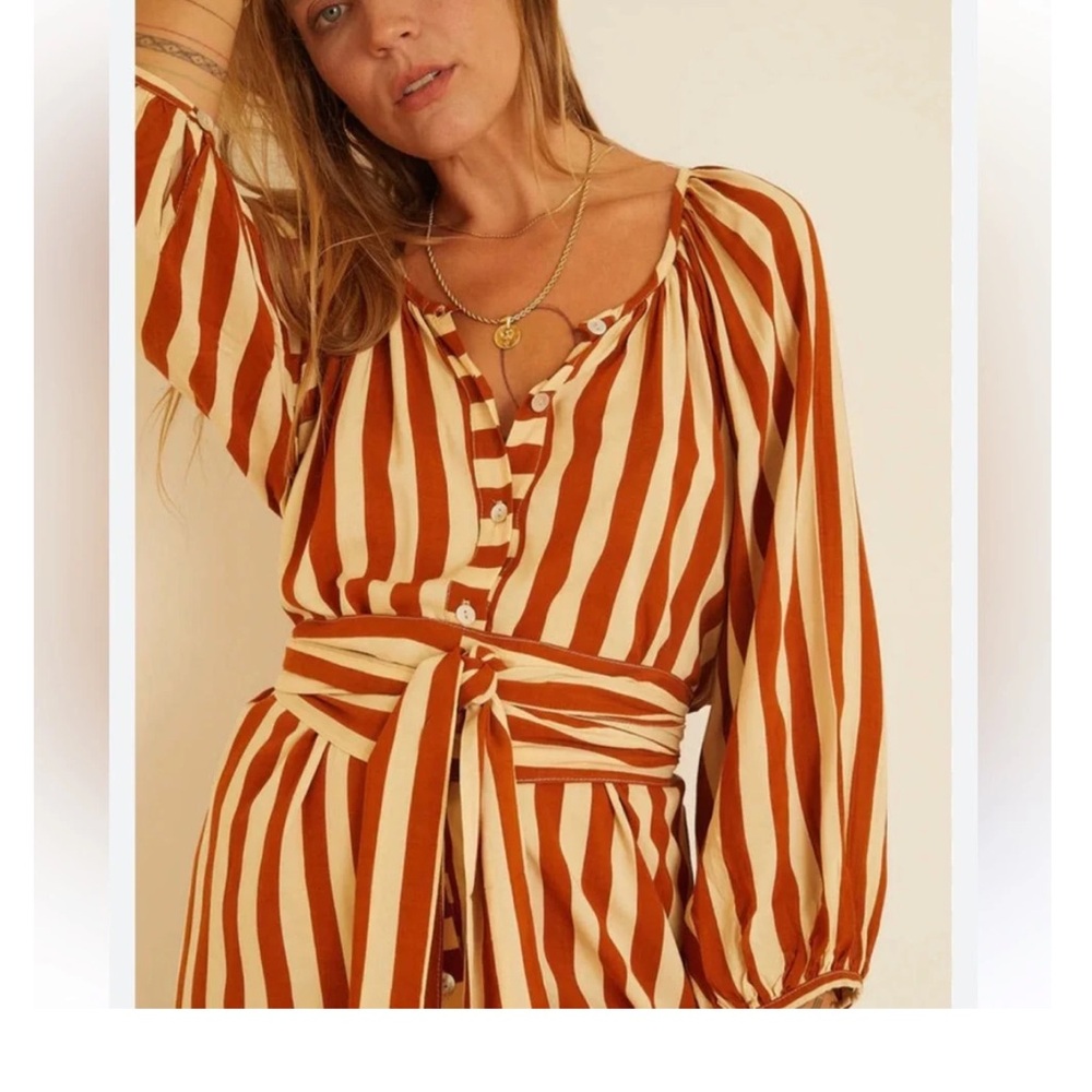 Striped Button-Front Midi Dress in Cream & Rust S